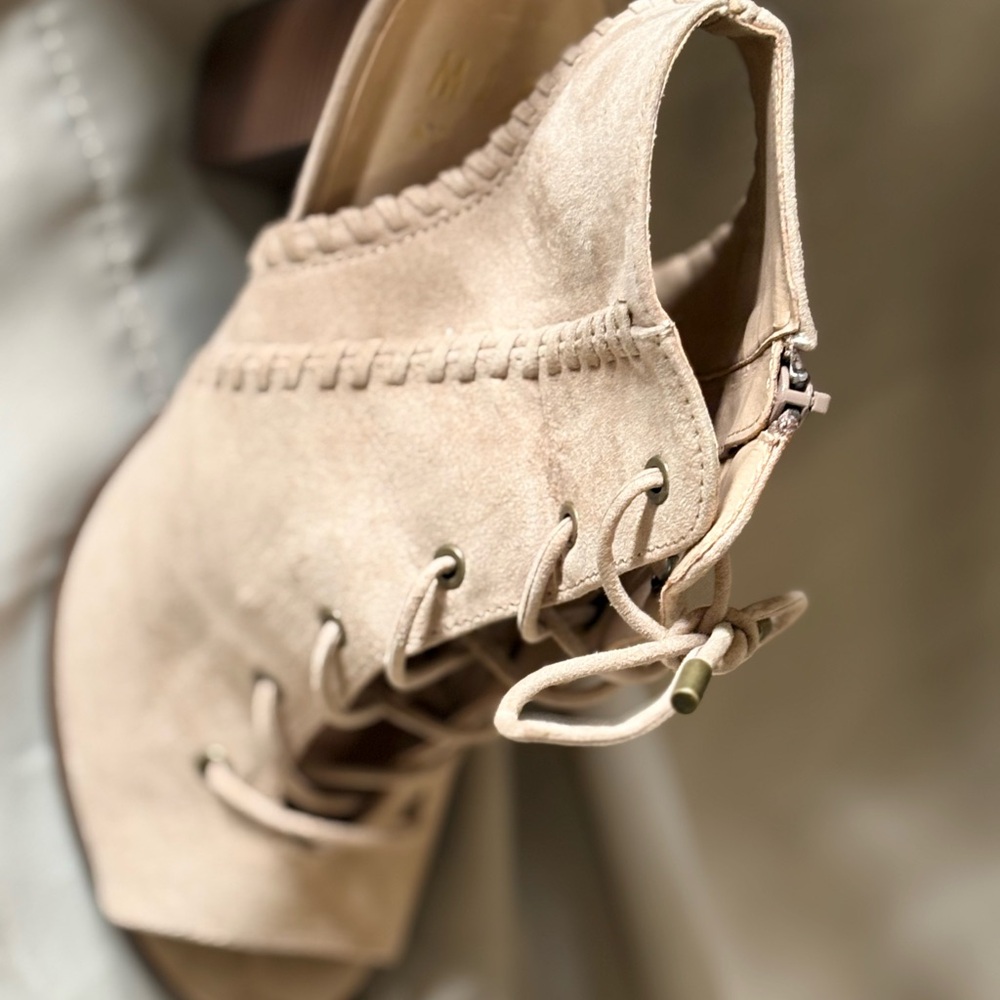 Mix No. 6 Lace-Up Peep Toe Block Heel Booties in Taupe - Picture 11 of 11